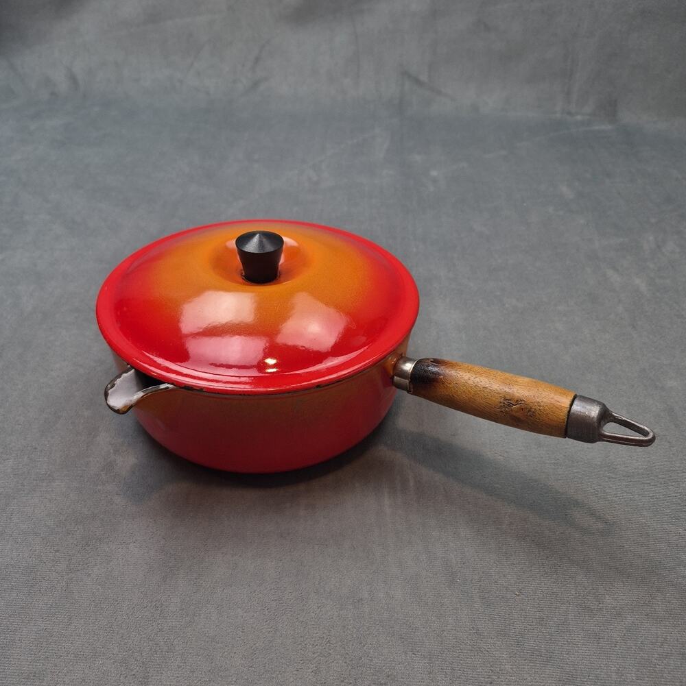 Vintage Le Creuset France Saucepan #20 Flame Orange Wood Handle Enamel